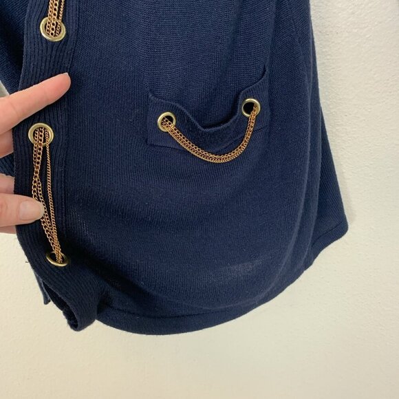 Cache Womens M Cardigan Sweater Navy Blue Gold Chain Nautical Quiet Luxury Knit - Picture 7 of 16